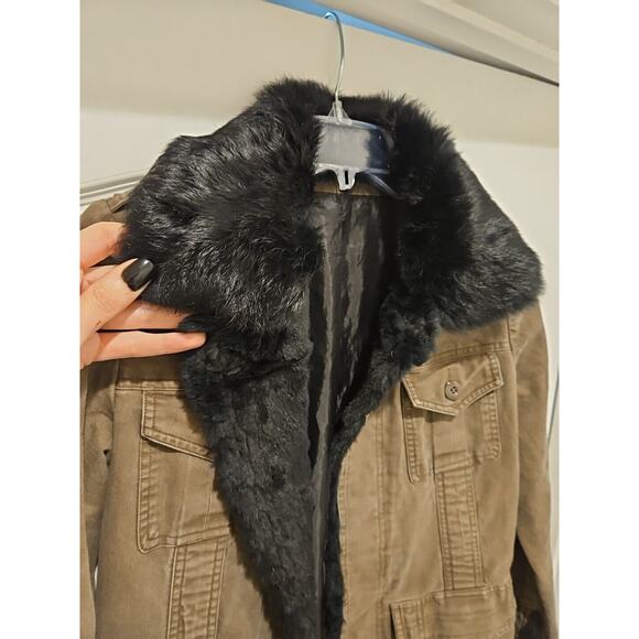 Y2K S Miss Me Olive Army Jacket, Real Rabbit Fur Lined & FleurDeLis Studded Back - Picture 7 of 8